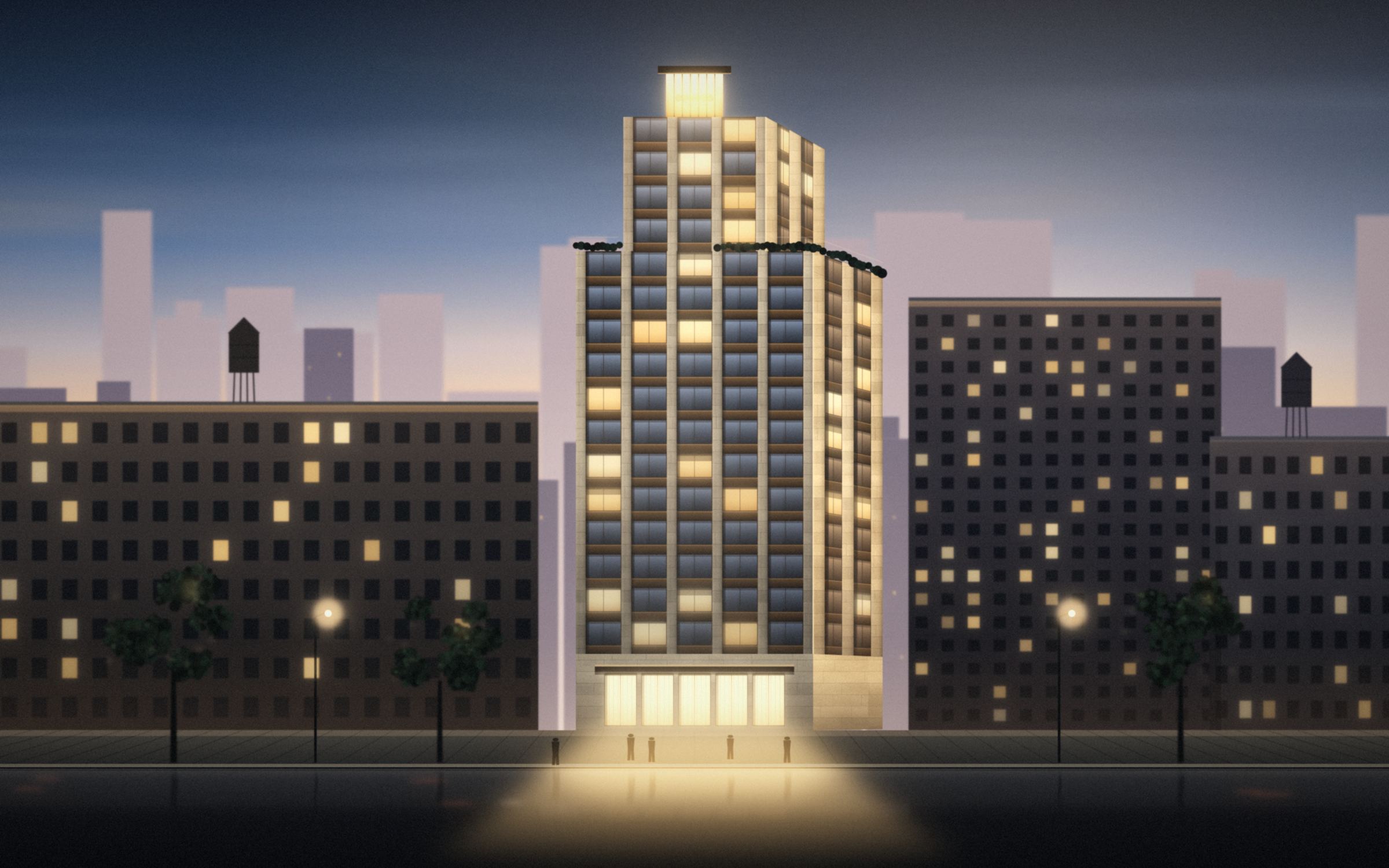 Halden House at blue hour, a sixteen-story limestone and bronze tower in Tribeca, concept render