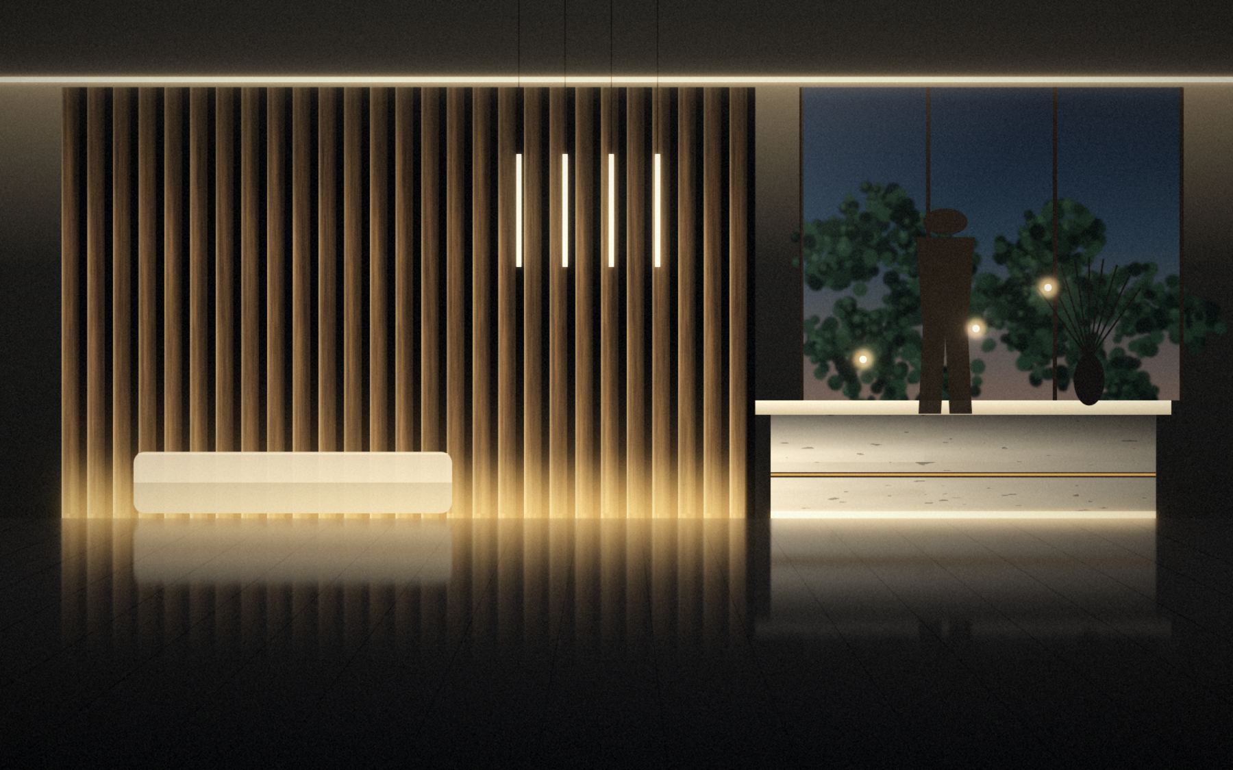 The entrance lobby with bronze fins and travertine reception